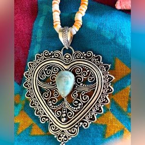 Larimar Sterling Silver 2.5” 925 Heart Turquoise Heishi Bead Necklace